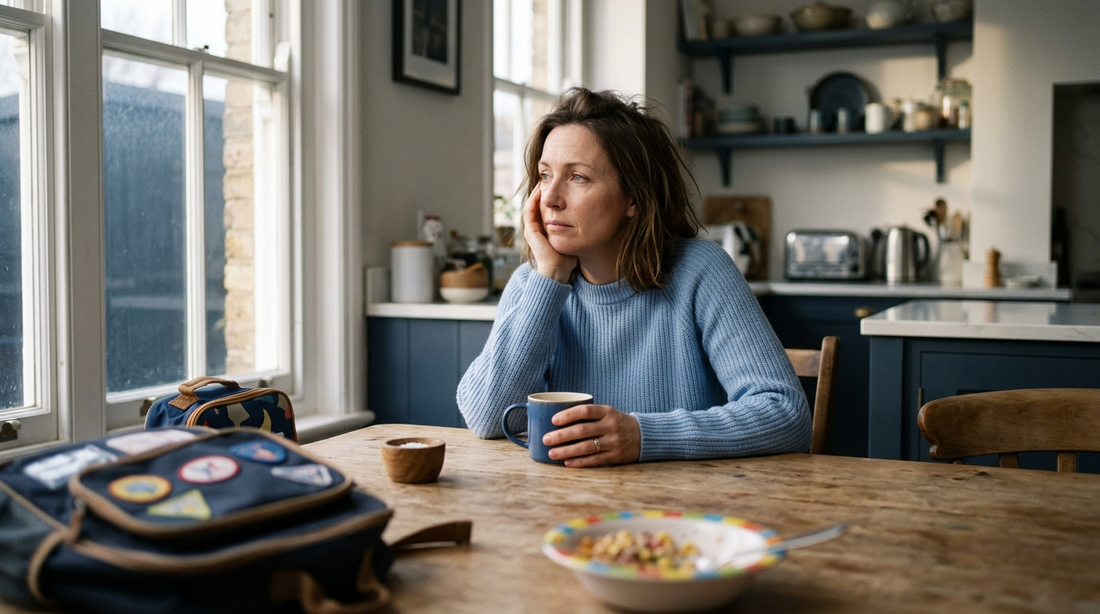 Tired working mother having tea at the kitchen table on an early school morning