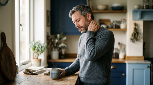 Tired man pausing at the kitchen counter in early morning light, rubbing his neck