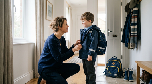 Mother crouching to her child's eye level in the hallway on a school morning