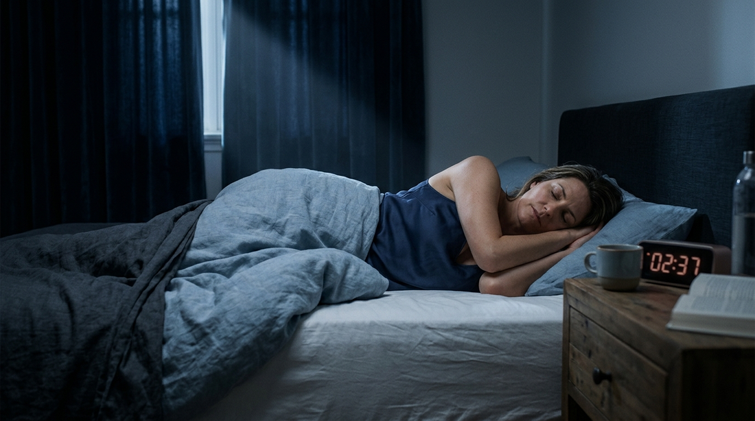Woman repositioning in bed in the middle of the night, lit by faint moonlight