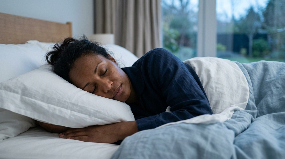 Woman sleeping peacefully on her side in soft pre-dawn light