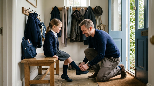 Father helping his child put on shoes by the front door on a calm school morning