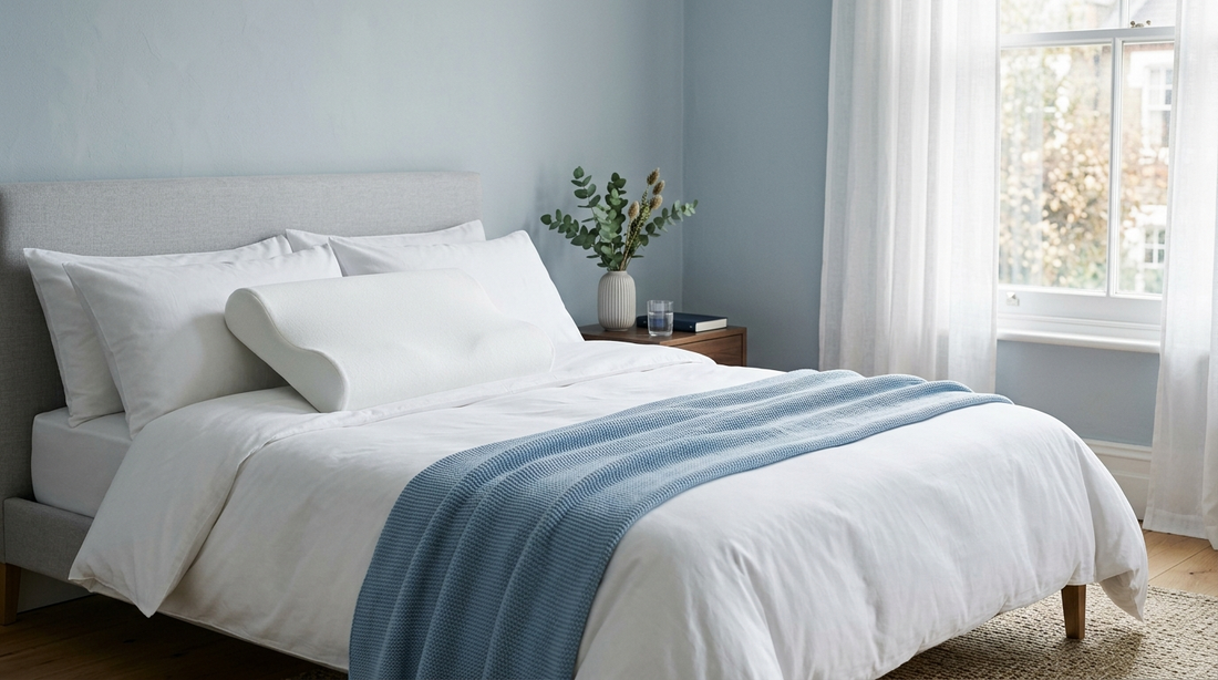 Neatly made bed with a contoured pillow in soft morning light