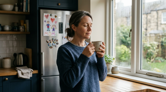 Mother taking a calm breath by the kitchen window with a cup of tea