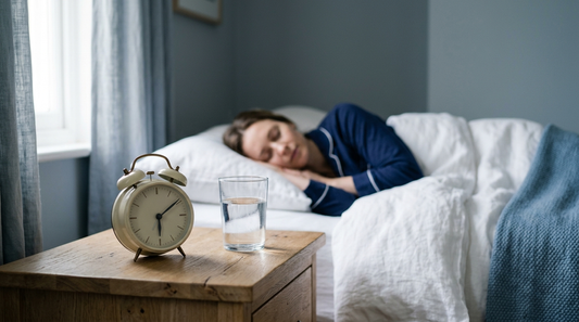 Alarm clock on a nightstand at dawn with someone asleep in the background