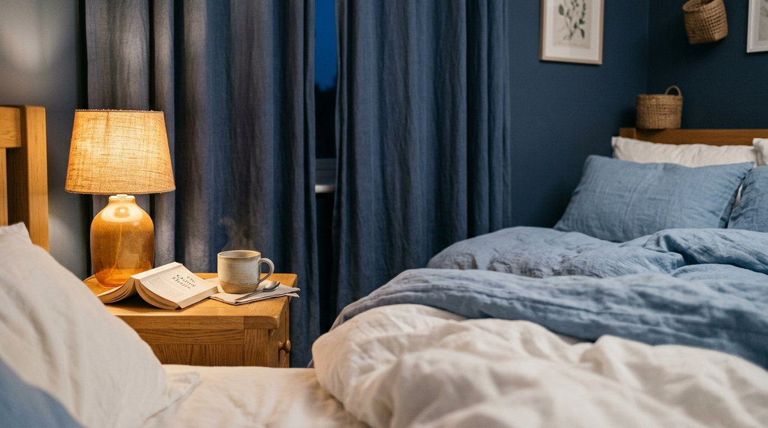 Evening wind-down scene with a bedside lamp, book and cup of tea on a nightstand