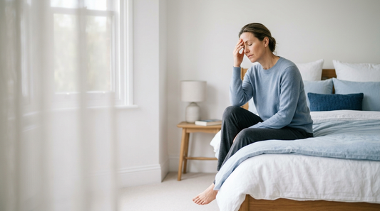 Tired mother sitting on the edge of her bed in the early morning, feeling irritable after a broken night of sleep