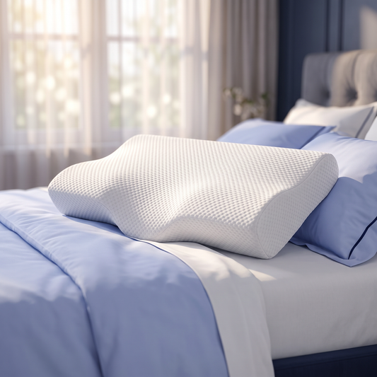 Nevalyn Contour Pillow on a premium bed in soft morning light