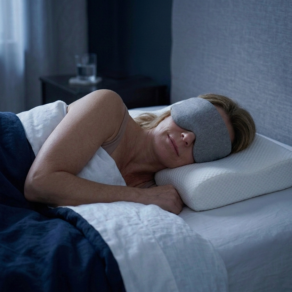 Woman sleeping with The Sana Sleep Mask in a dark bedroom