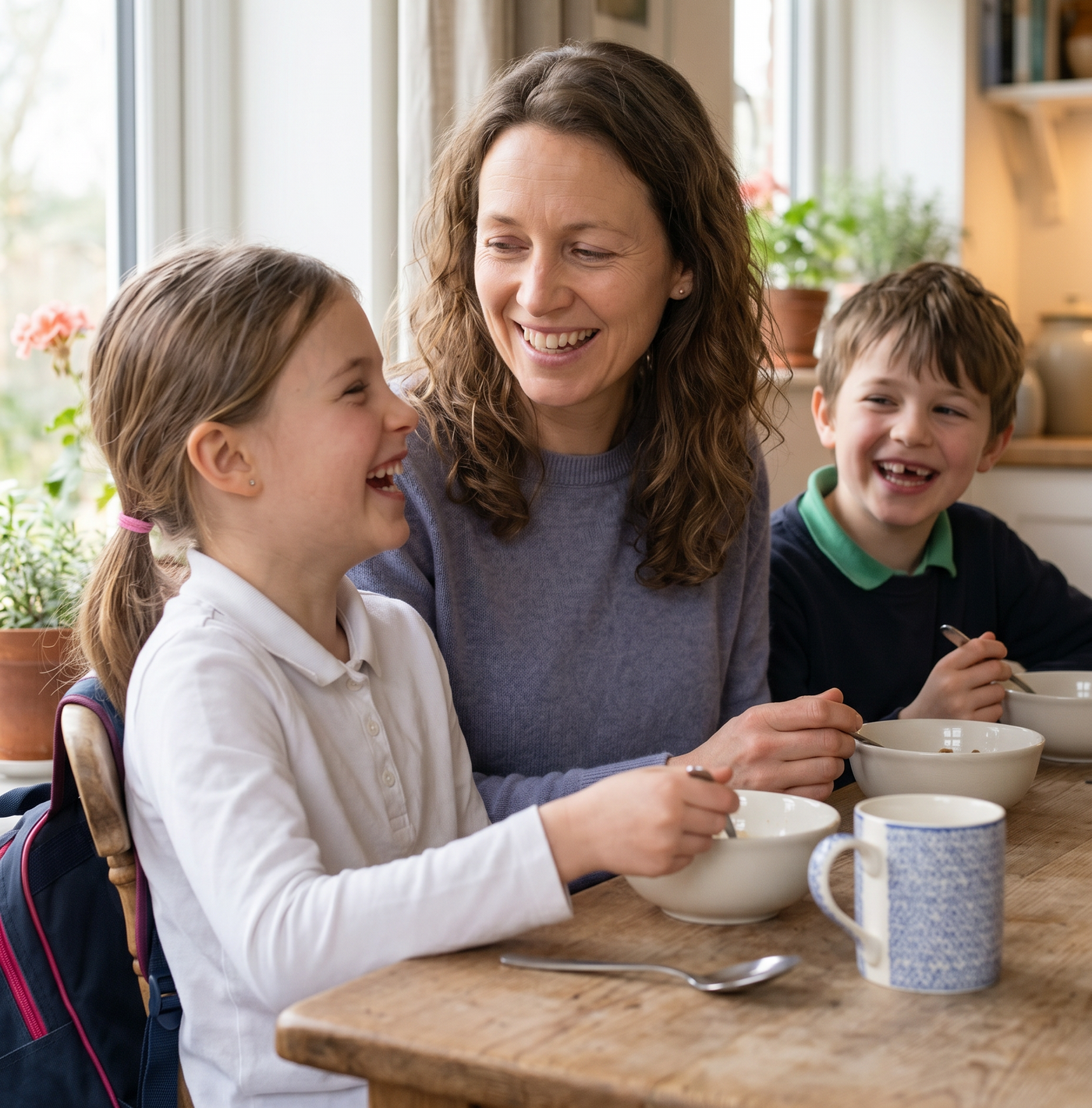 Rested mum at breakfast with children