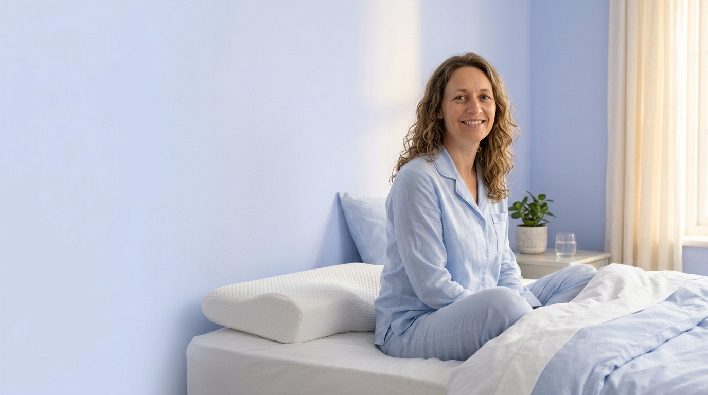 SanaSleep hero - rested woman in light blue bedroom with contour pillow, morning light