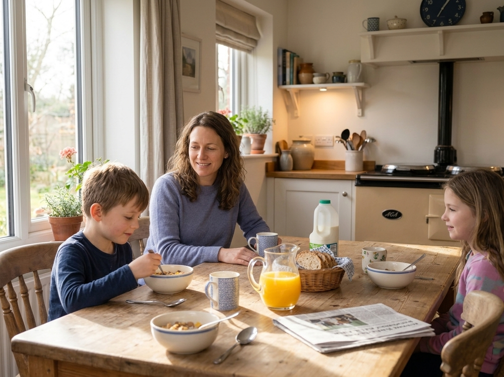 Calm parent having breakfast with her children in the morning