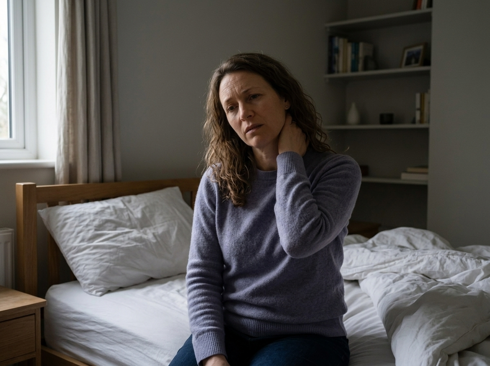Tired parent sitting on the edge of the bed at dawn, hand on neck