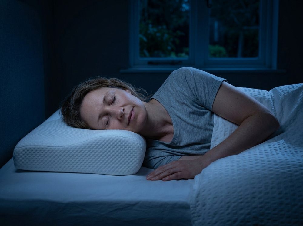 Woman sleeping peacefully on the SanaSleep contour pillow at night