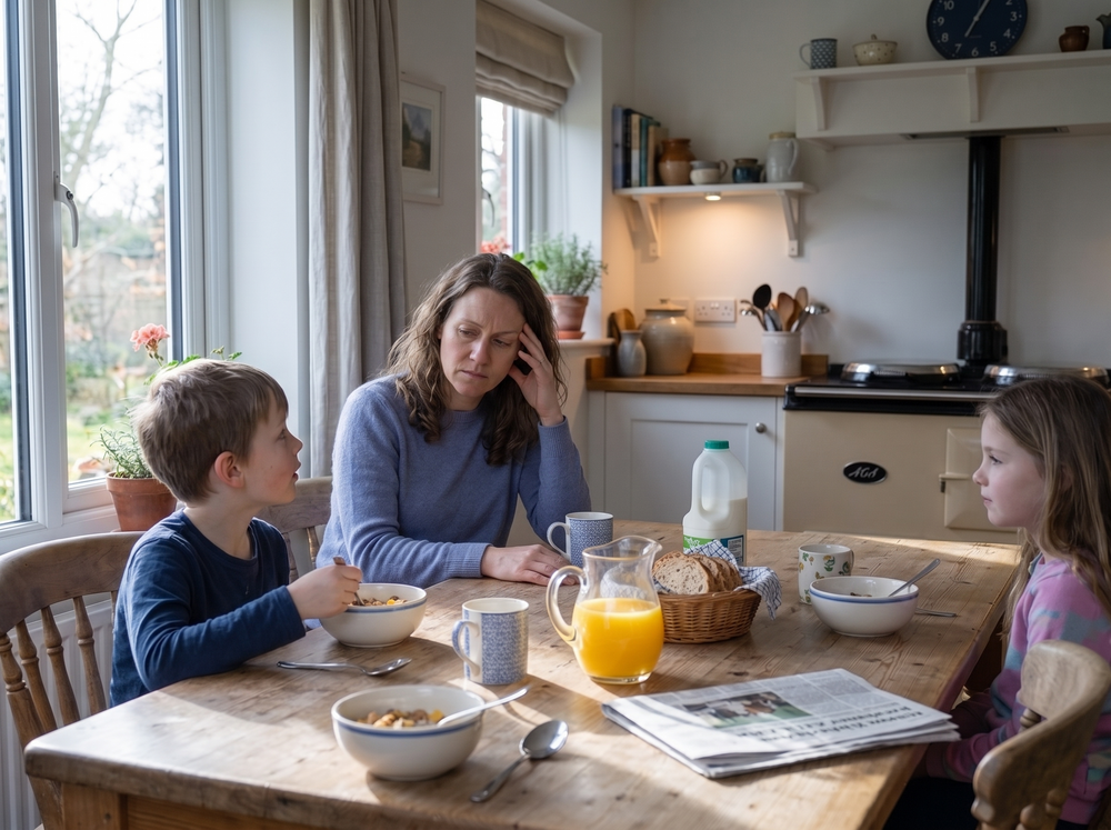 Weary mother at breakfast with her children, morning tension, variant B