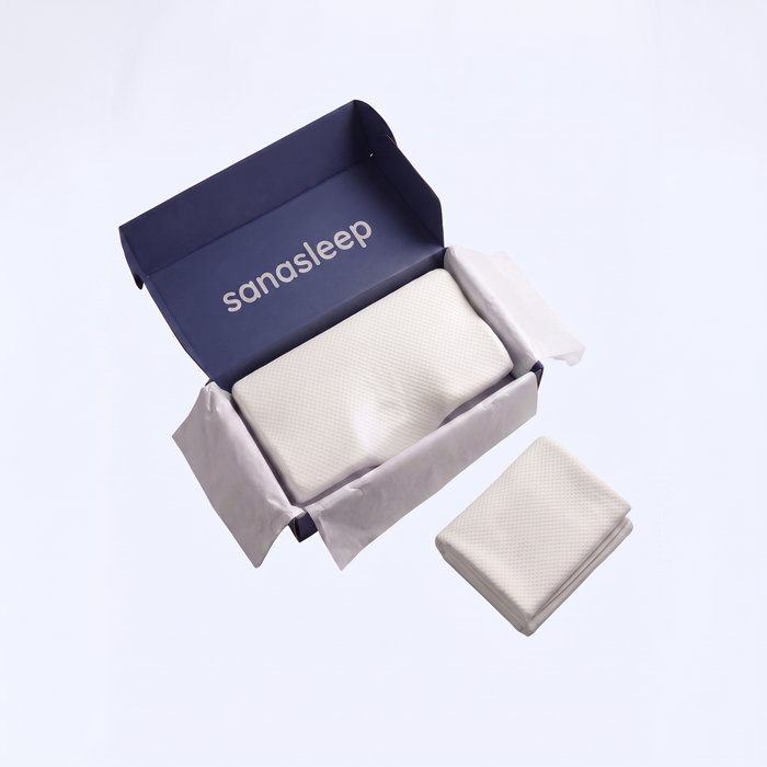 SanaSleep unboxing - The Sana Pillow in navy gift box with sanasleep wordmark